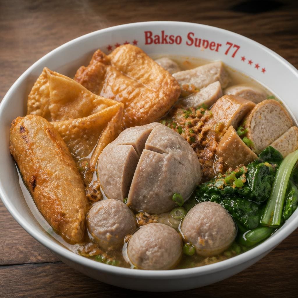Bakso Super 77 Es Teler 77 dengan bakso sapi dan pelengkap